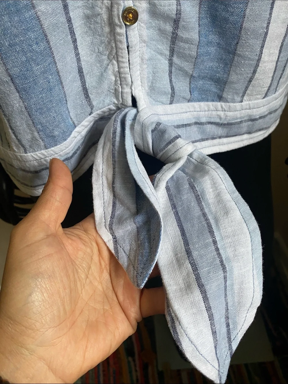 Michael Kors Blue and White Striped Tie-Front Button Linen Blend Blouse